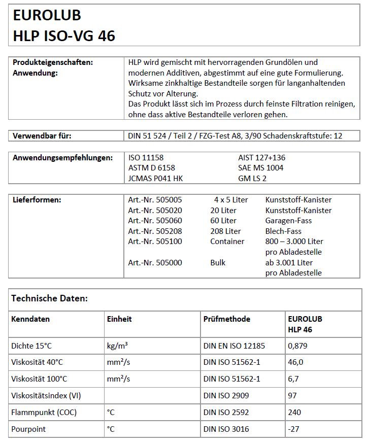 Eurolub HLP46 Einbereichs Hydrauliköl – Bild 2